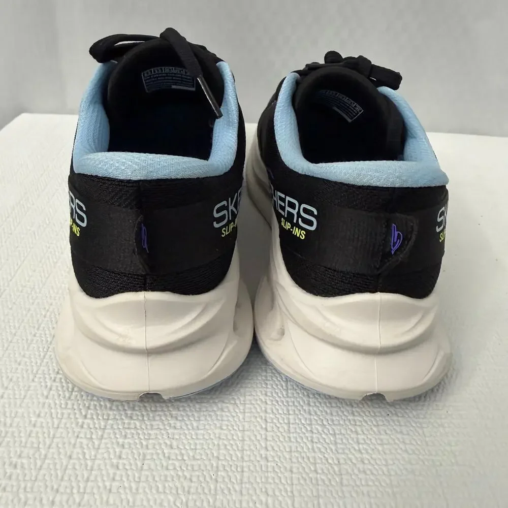 Skechers Max Cushioning Glide Step Shoes Womens Size 6.5 Black Blue Handsfree
